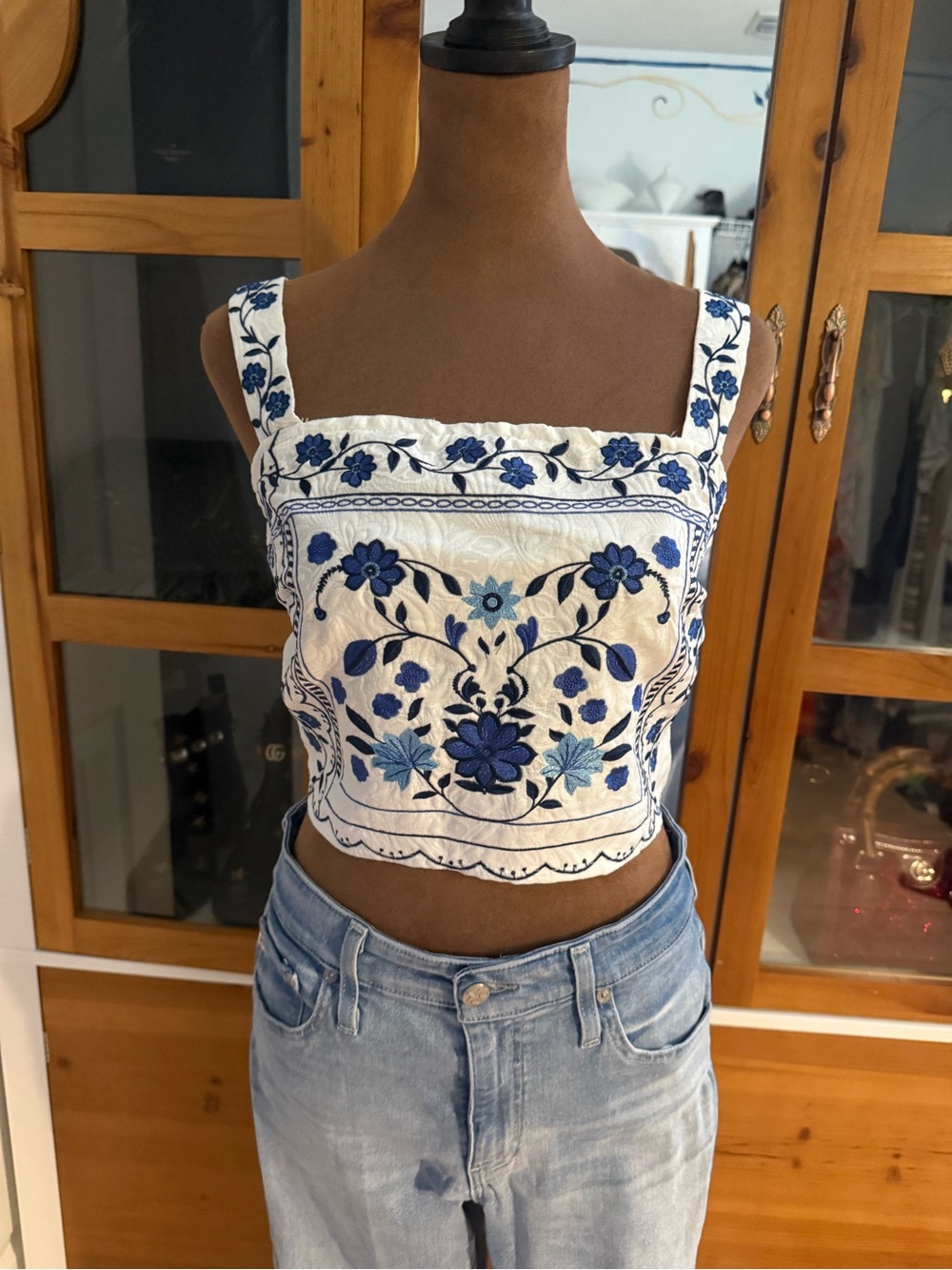 SHEIN White Crop Top with Blue Floral Embroidery